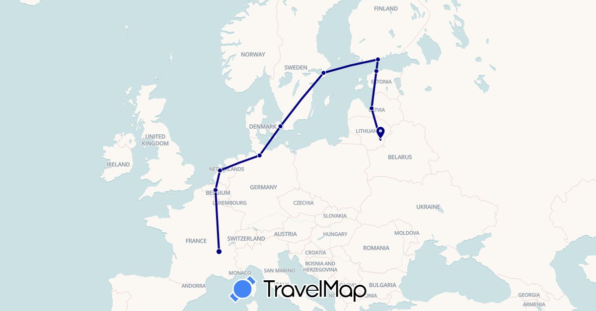 TravelMap itinerary: driving in Belgium, Germany, Denmark, Estonia, Finland, France, Lithuania, Latvia, Netherlands, Sweden (Europe)